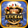 Luck 44 Game logo featuring cards, dice, slot machine 777, and golden coins